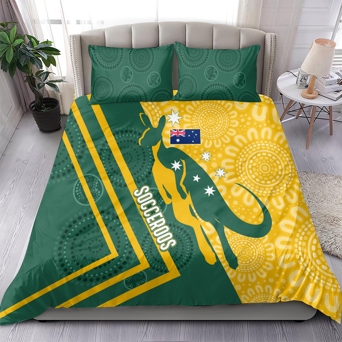personalised-australia-socceroos-indigenous-bedding-set-green-gold