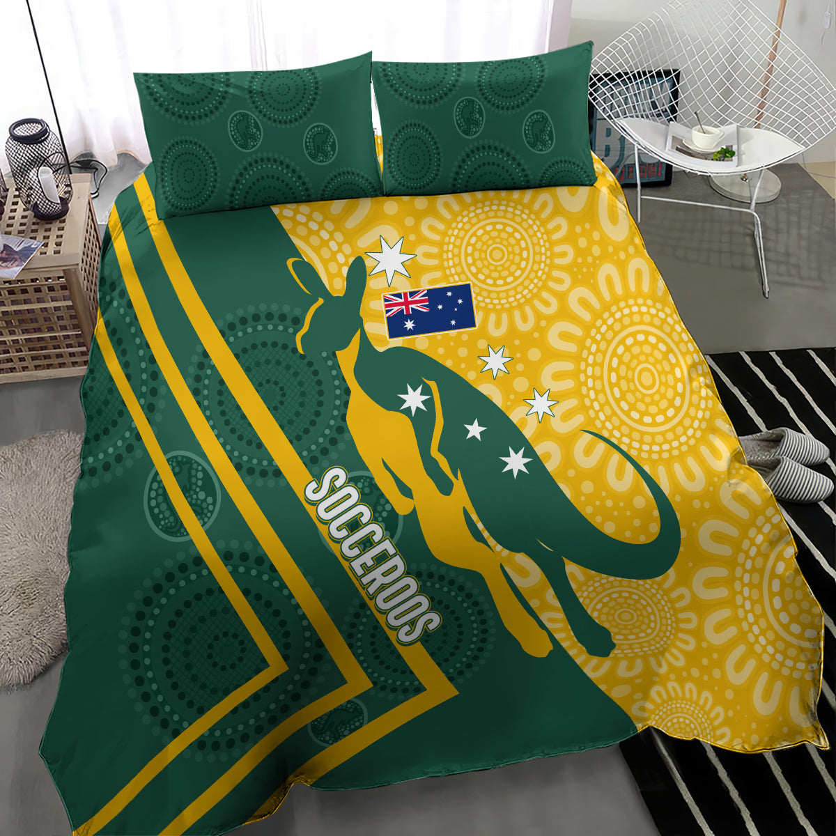 personalised-australia-socceroos-indigenous-bedding-set-green-gold