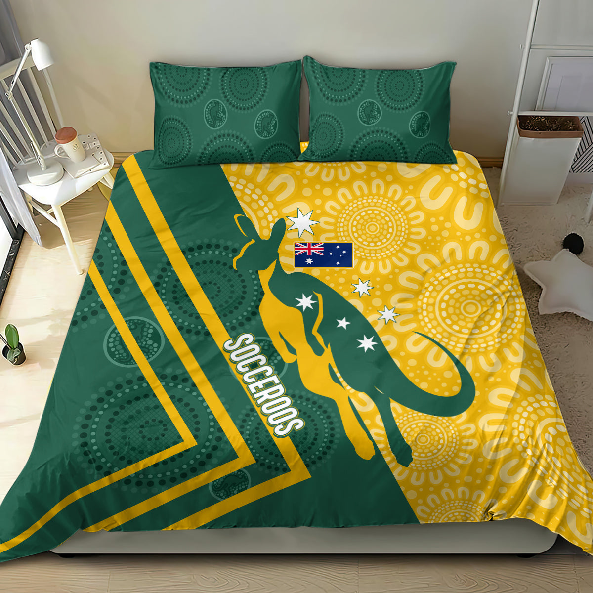 personalised-australia-socceroos-indigenous-bedding-set-green-gold