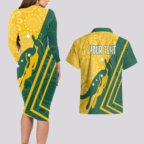 personalised-australia-socceroos-indigenous-couples-matching-long-sleeve-bodycon-dress-and-hawaiian-shirt-green-gold