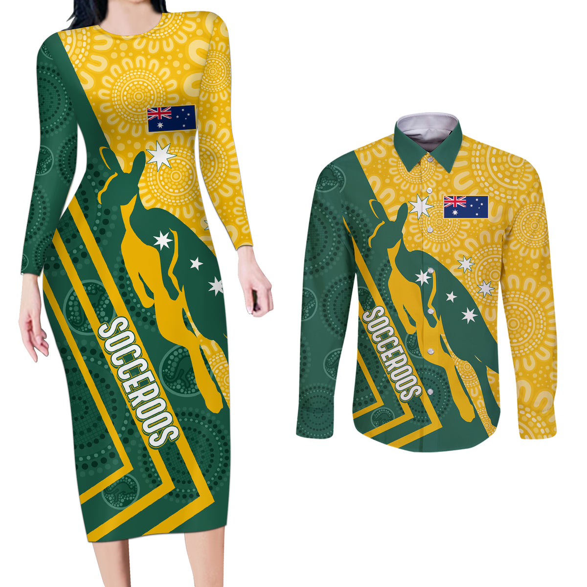 personalised-australia-socceroos-indigenous-couples-matching-long-sleeve-bodycon-dress-and-long-sleeve-button-shirt-green-gold