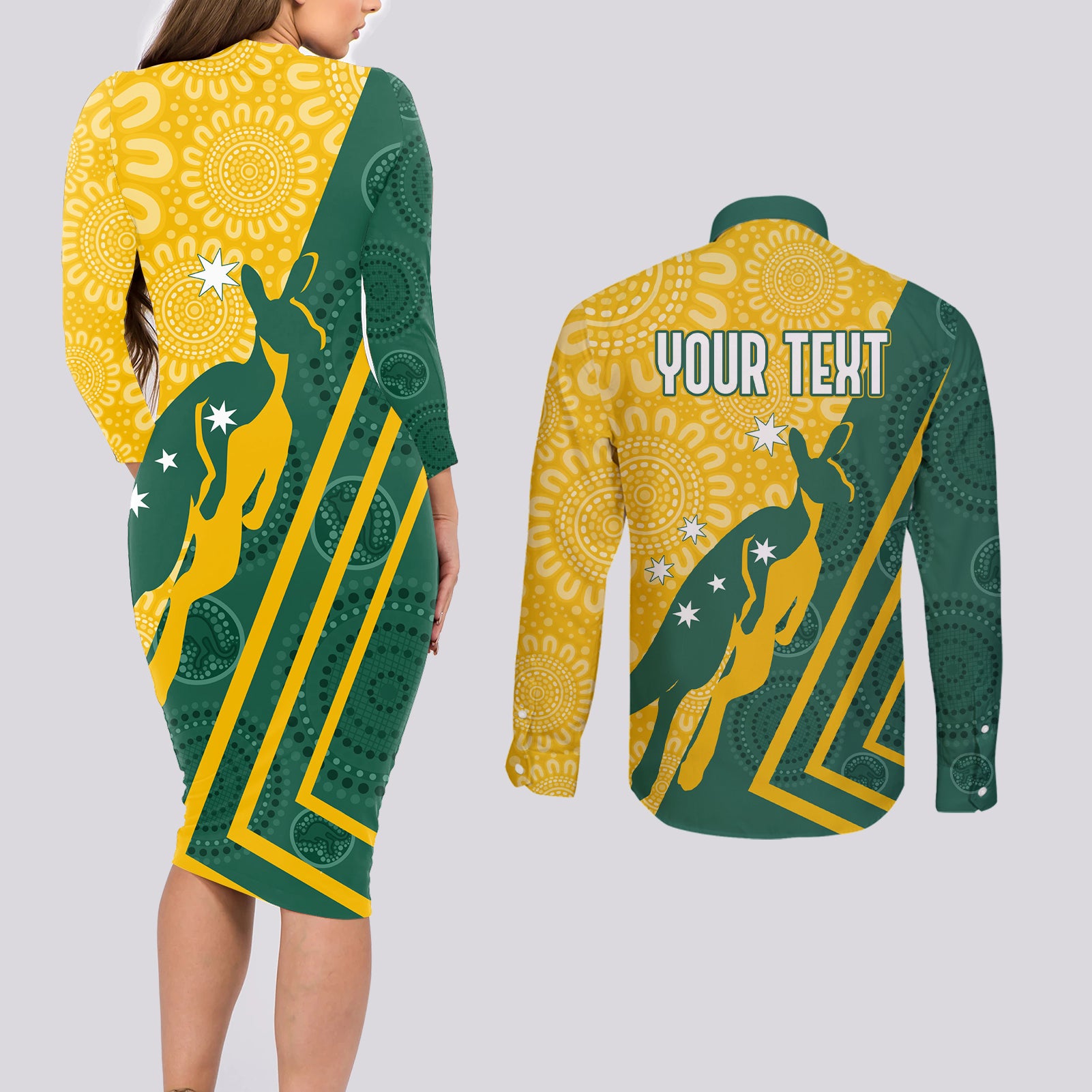 personalised-australia-socceroos-indigenous-couples-matching-long-sleeve-bodycon-dress-and-long-sleeve-button-shirt-green-gold