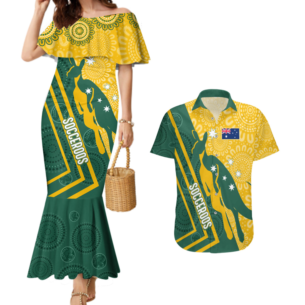 personalised-australia-socceroos-indigenous-couples-matching-mermaid-dress-and-hawaiian-shirt-green-gold