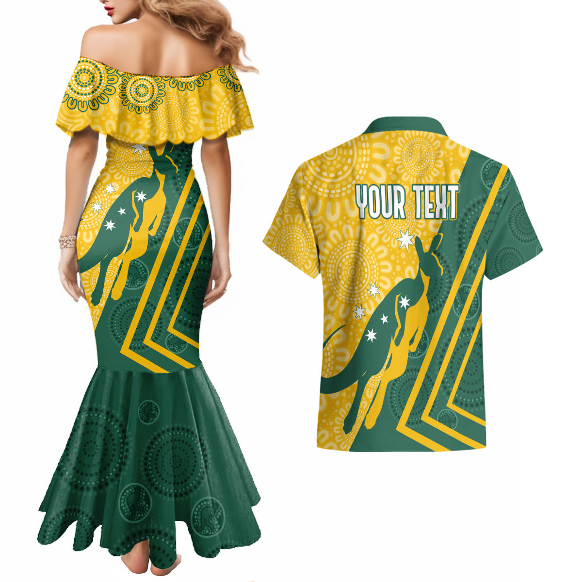 personalised-australia-socceroos-indigenous-couples-matching-mermaid-dress-and-hawaiian-shirt-green-gold