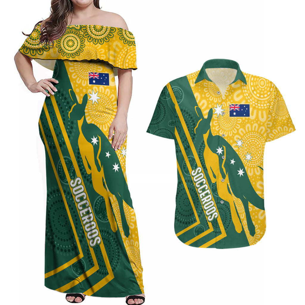 personalised-australia-socceroos-indigenous-couples-matching-off-shoulder-maxi-dress-and-hawaiian-shirt-green-gold