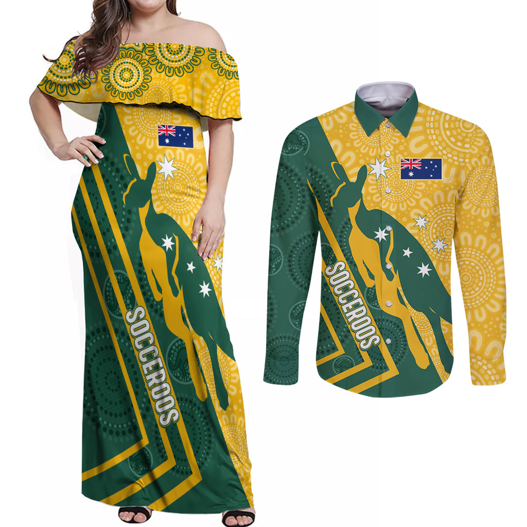personalised-australia-socceroos-indigenous-couples-matching-off-shoulder-maxi-dress-and-long-sleeve-button-shirt-green-gold