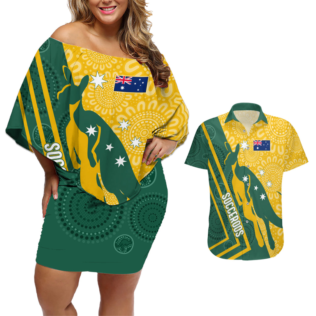 personalised-australia-socceroos-indigenous-couples-matching-off-shoulder-short-dress-and-hawaiian-shirt-green-gold