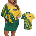 personalised-australia-socceroos-indigenous-couples-matching-off-shoulder-short-dress-and-hawaiian-shirt-green-gold