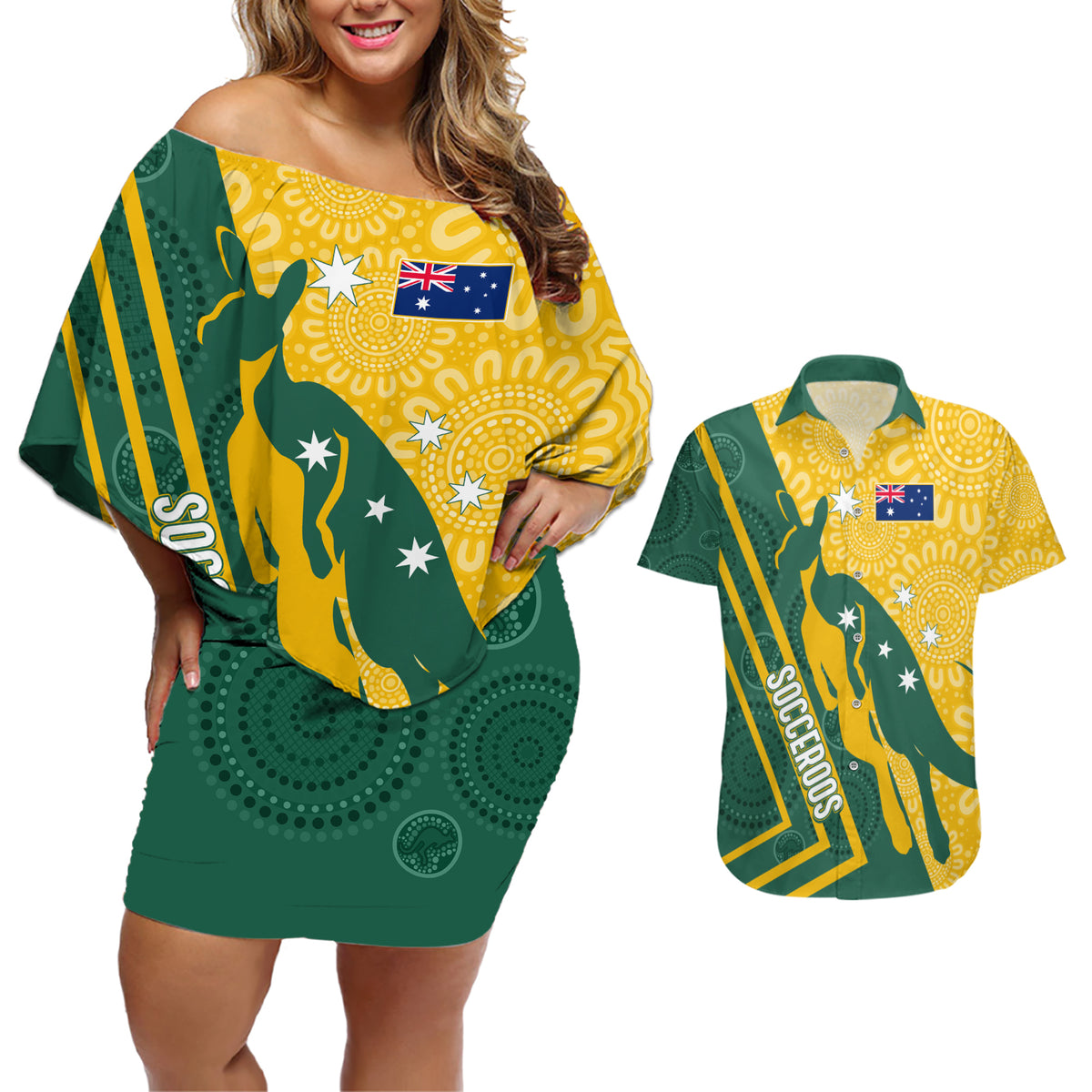 personalised-australia-socceroos-indigenous-couples-matching-off-shoulder-short-dress-and-hawaiian-shirt-green-gold