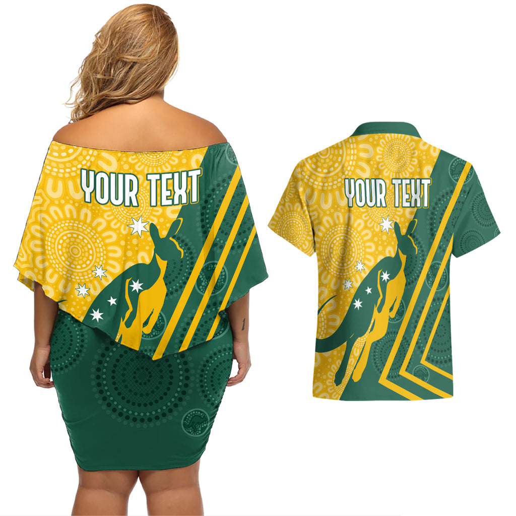 personalised-australia-socceroos-indigenous-couples-matching-off-shoulder-short-dress-and-hawaiian-shirt-green-gold