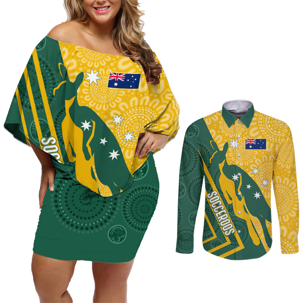 personalised-australia-socceroos-indigenous-couples-matching-off-shoulder-short-dress-and-long-sleeve-button-shirt-green-gold