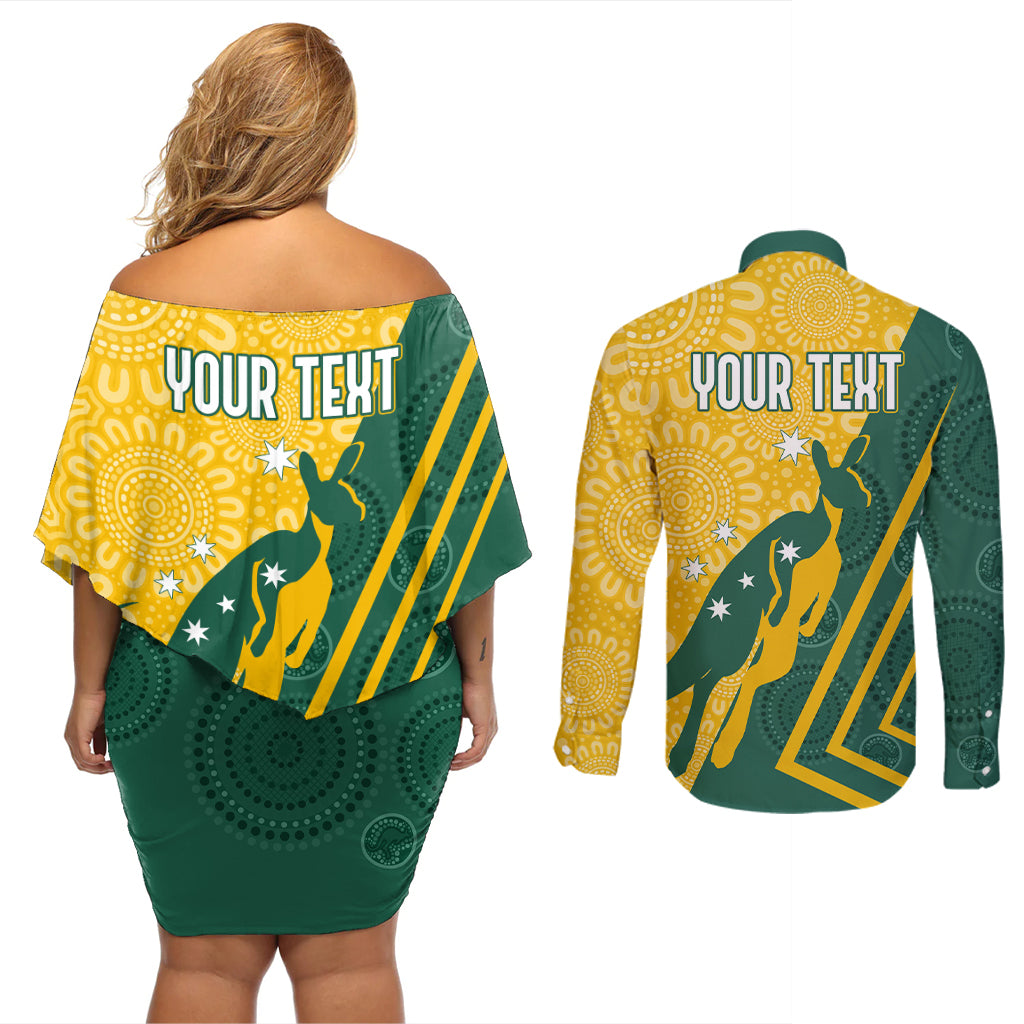 personalised-australia-socceroos-indigenous-couples-matching-off-shoulder-short-dress-and-long-sleeve-button-shirt-green-gold