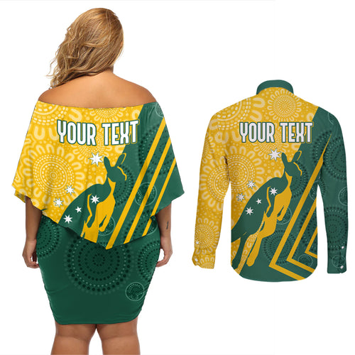 personalised-australia-socceroos-indigenous-couples-matching-off-shoulder-short-dress-and-long-sleeve-button-shirt-green-gold