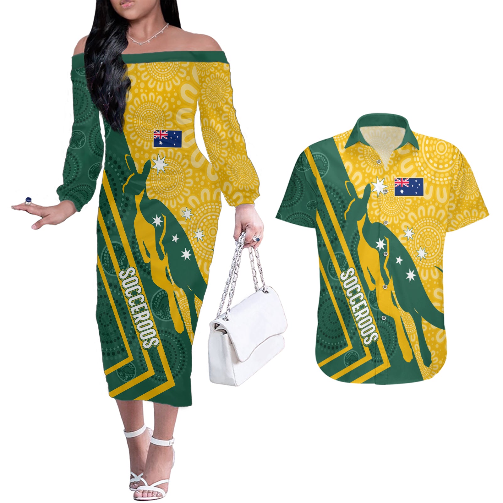 personalised-australia-socceroos-indigenous-couples-matching-off-the-shoulder-long-sleeve-dress-and-hawaiian-shirt-green-gold