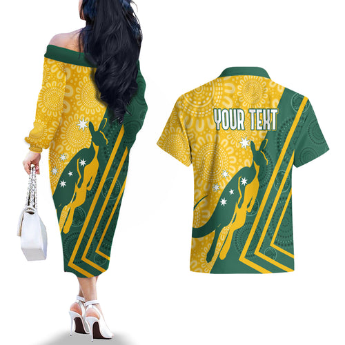 personalised-australia-socceroos-indigenous-couples-matching-off-the-shoulder-long-sleeve-dress-and-hawaiian-shirt-green-gold