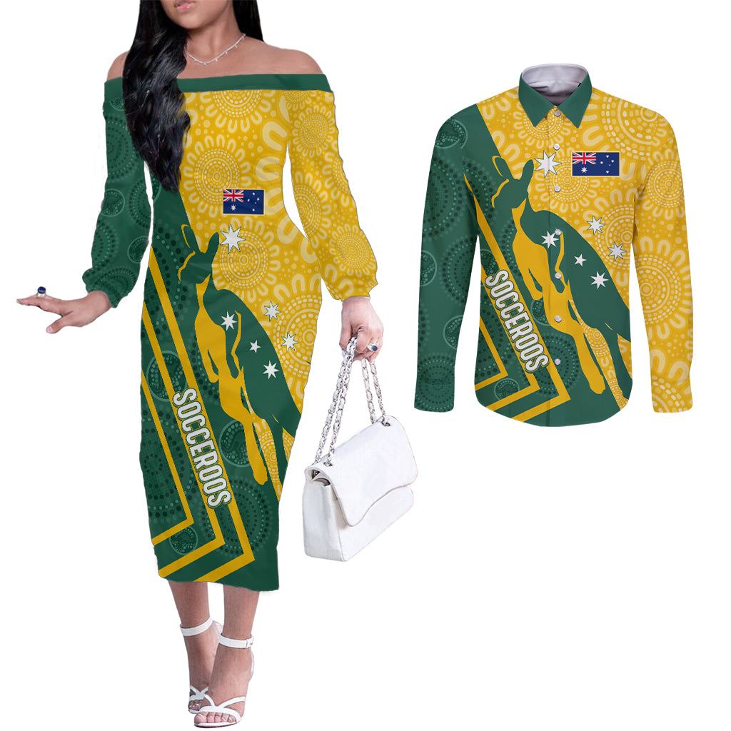 personalised-australia-socceroos-indigenous-couples-matching-off-the-shoulder-long-sleeve-dress-and-long-sleeve-button-shirt-green-gold