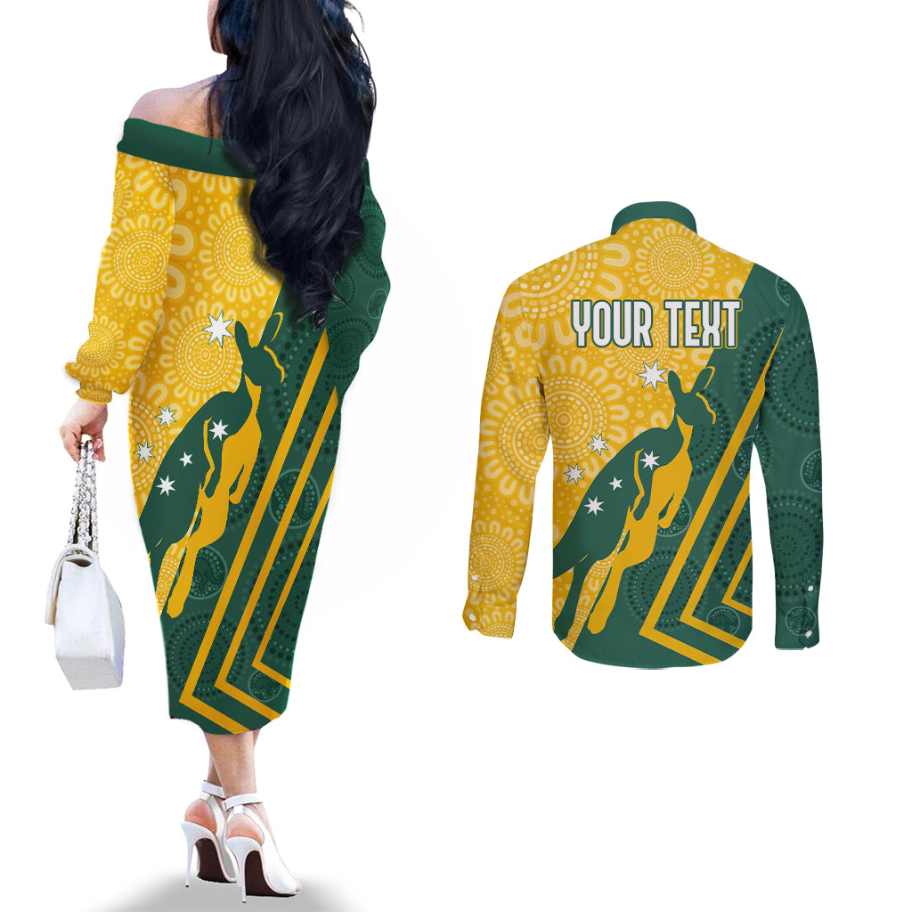 personalised-australia-socceroos-indigenous-couples-matching-off-the-shoulder-long-sleeve-dress-and-long-sleeve-button-shirt-green-gold