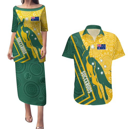 personalised-australia-socceroos-indigenous-couples-matching-puletasi-dress-and-hawaiian-shirt-green-gold