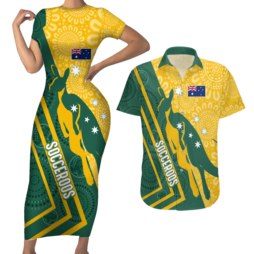 personalised-australia-socceroos-indigenous-couples-matching-short-sleeve-bodycon-dress-and-hawaiian-shirt-green-gold