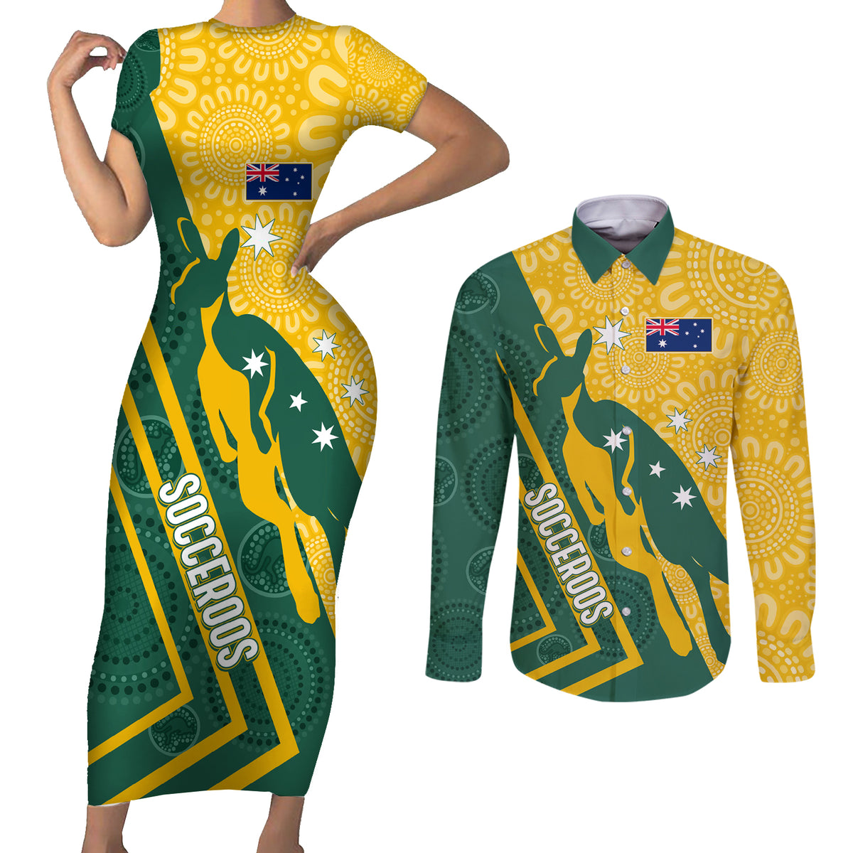 personalised-australia-socceroos-indigenous-couples-matching-short-sleeve-bodycon-dress-and-long-sleeve-button-shirt-green-gold
