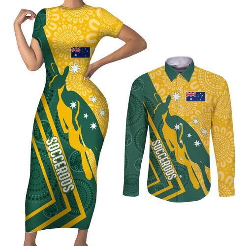 personalised-australia-socceroos-indigenous-couples-matching-short-sleeve-bodycon-dress-and-long-sleeve-button-shirt-green-gold