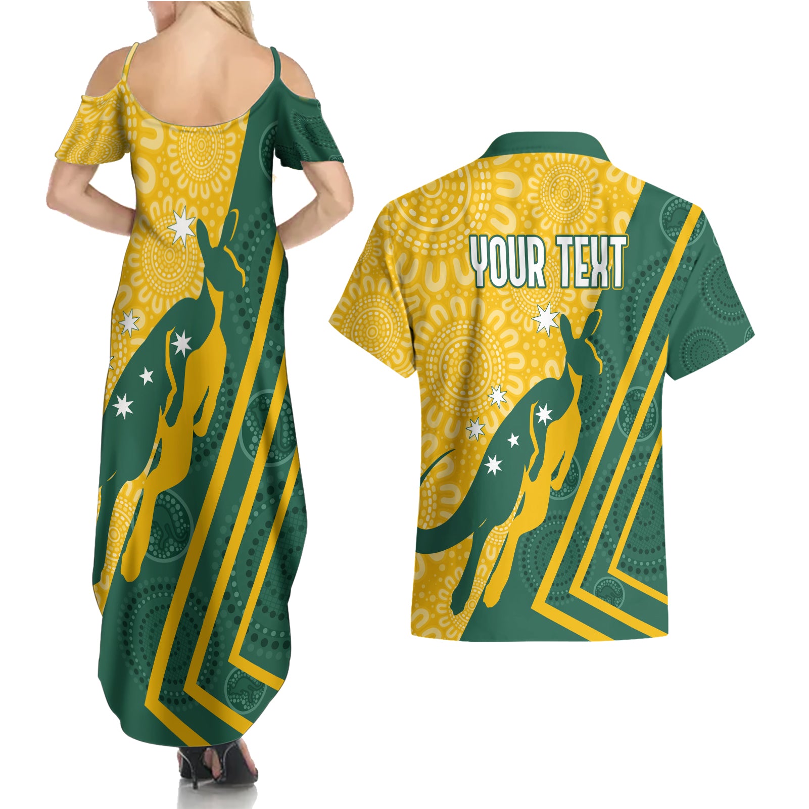personalised-australia-socceroos-indigenous-couples-matching-summer-maxi-dress-and-hawaiian-shirt-green-gold