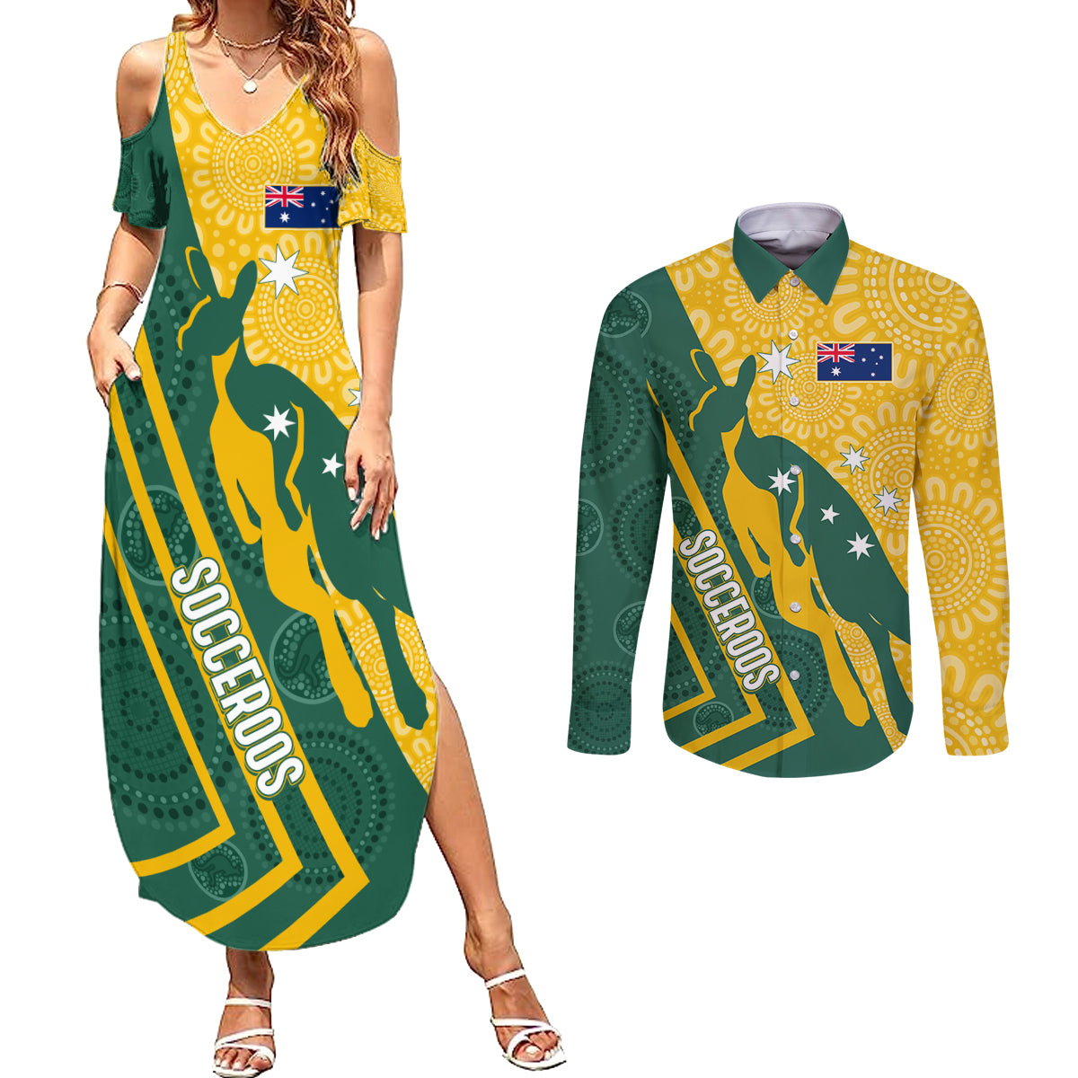 personalised-australia-socceroos-indigenous-couples-matching-summer-maxi-dress-and-long-sleeve-button-shirt-green-gold