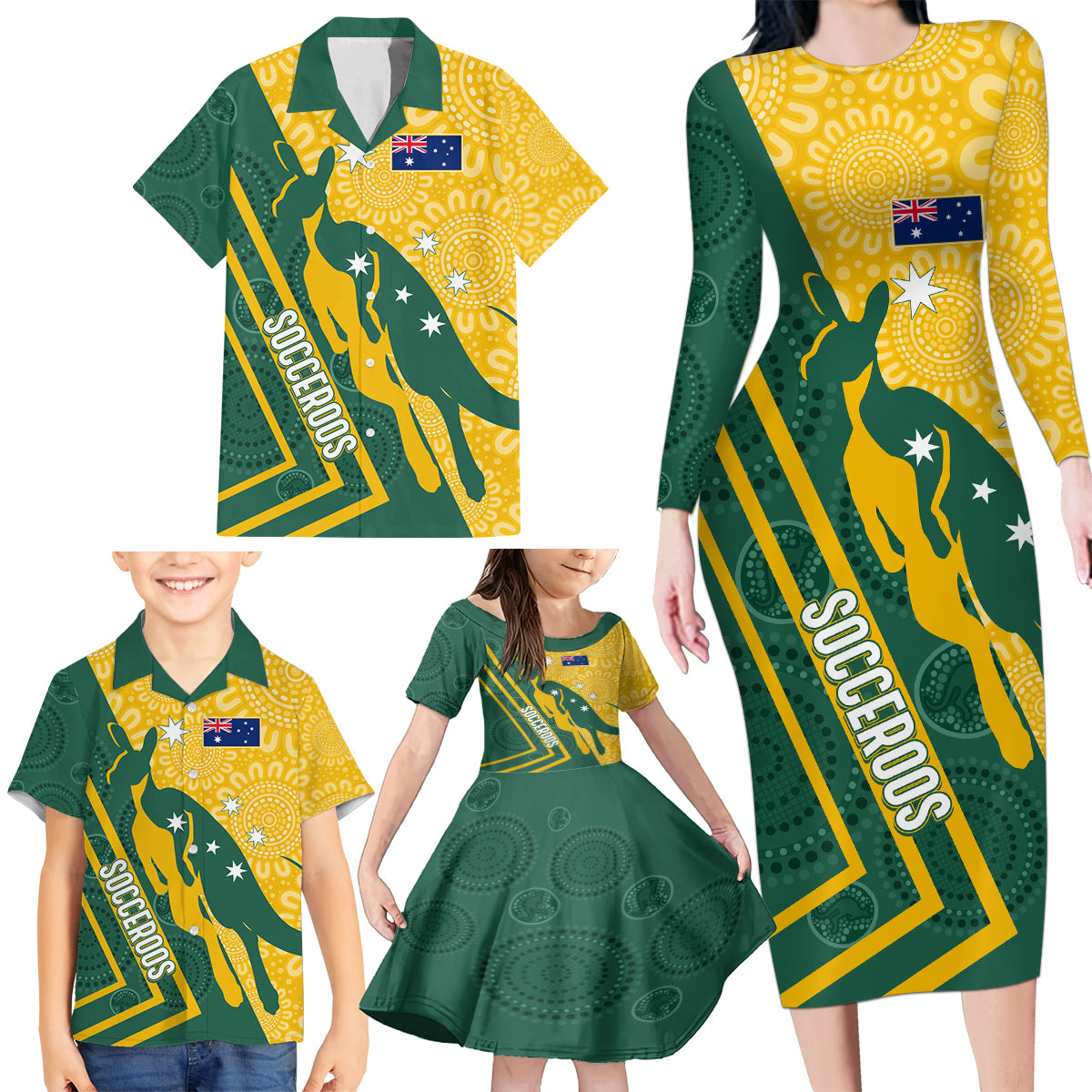 personalised-australia-socceroos-indigenous-family-matching-long-sleeve-bodycon-dress-and-hawaiian-shirt-green-gold