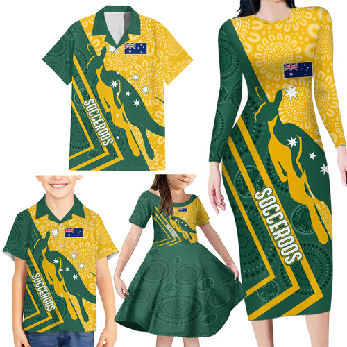 personalised-australia-socceroos-indigenous-family-matching-long-sleeve-bodycon-dress-and-hawaiian-shirt-green-gold