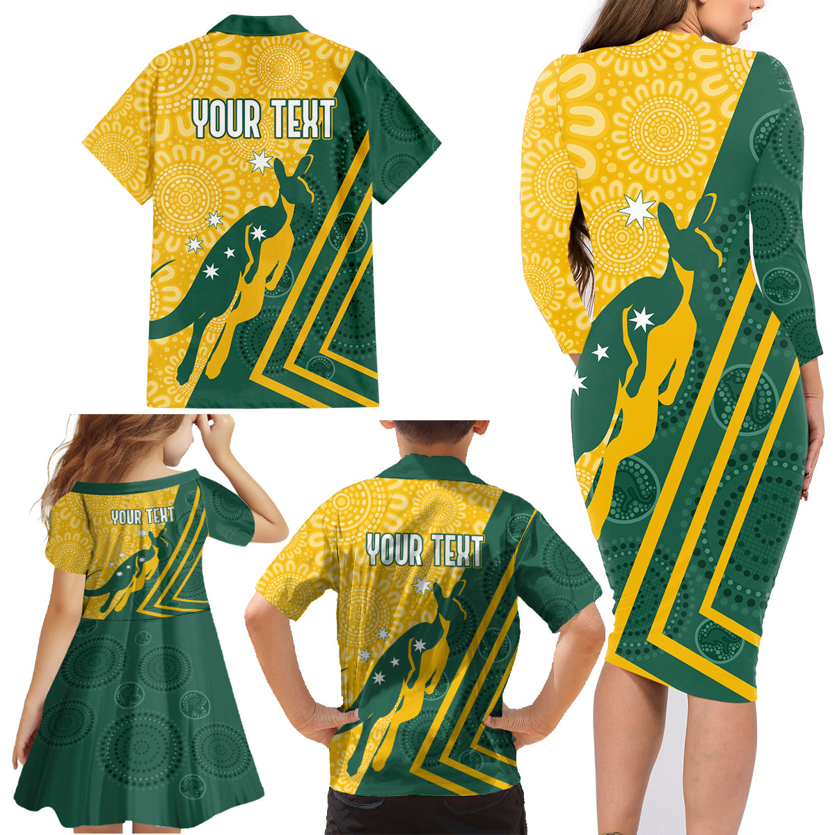 personalised-australia-socceroos-indigenous-family-matching-long-sleeve-bodycon-dress-and-hawaiian-shirt-green-gold