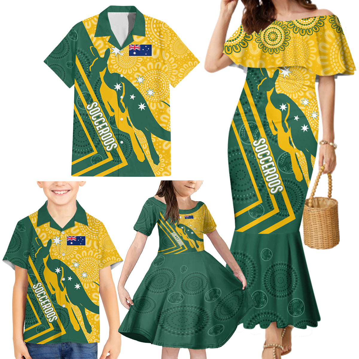 personalised-australia-socceroos-indigenous-family-matching-mermaid-dress-and-hawaiian-shirt-green-gold