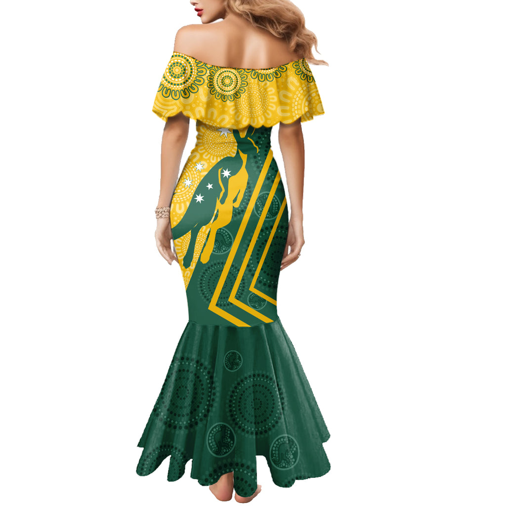 personalised-australia-socceroos-indigenous-family-matching-mermaid-dress-and-hawaiian-shirt-green-gold