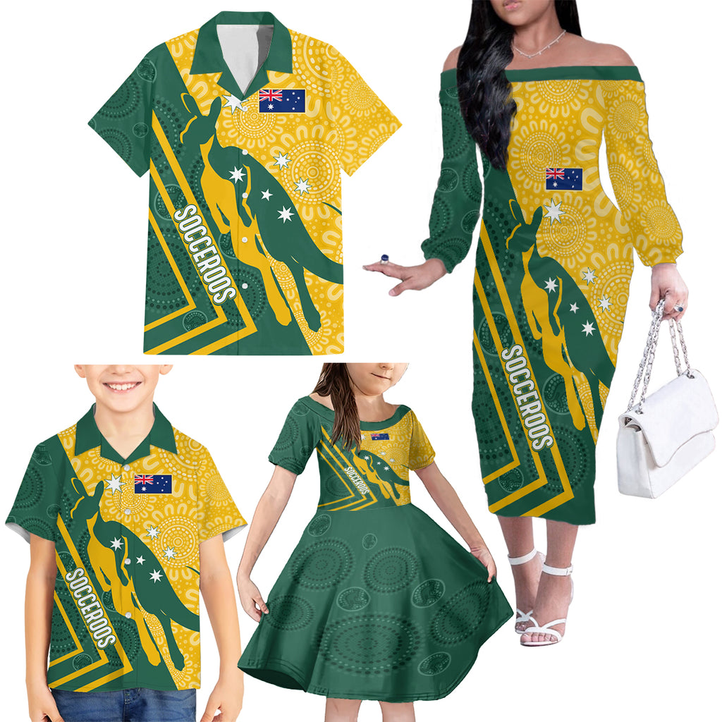 personalised-australia-socceroos-indigenous-family-matching-off-shoulder-long-sleeve-dress-and-hawaiian-shirt-green-gold