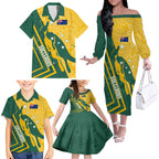 personalised-australia-socceroos-indigenous-family-matching-off-shoulder-long-sleeve-dress-and-hawaiian-shirt-green-gold