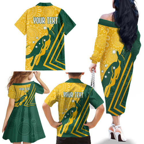 personalised-australia-socceroos-indigenous-family-matching-off-shoulder-long-sleeve-dress-and-hawaiian-shirt-green-gold