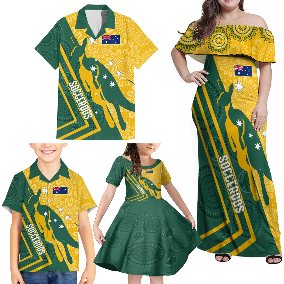 personalised-australia-socceroos-indigenous-family-matching-off-shoulder-maxi-dress-and-hawaiian-shirt-green-gold