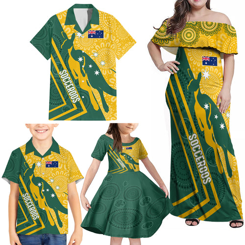 personalised-australia-socceroos-indigenous-family-matching-off-shoulder-maxi-dress-and-hawaiian-shirt-green-gold