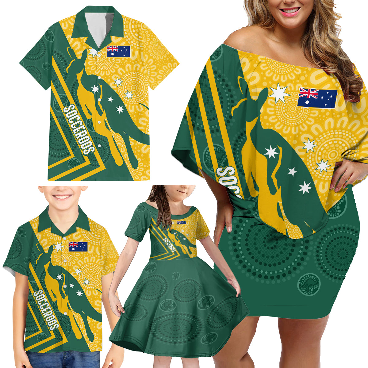 personalised-australia-socceroos-indigenous-family-matching-off-shoulder-short-dress-and-hawaiian-shirt-green-gold