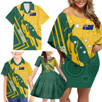 personalised-australia-socceroos-indigenous-family-matching-off-shoulder-short-dress-and-hawaiian-shirt-green-gold
