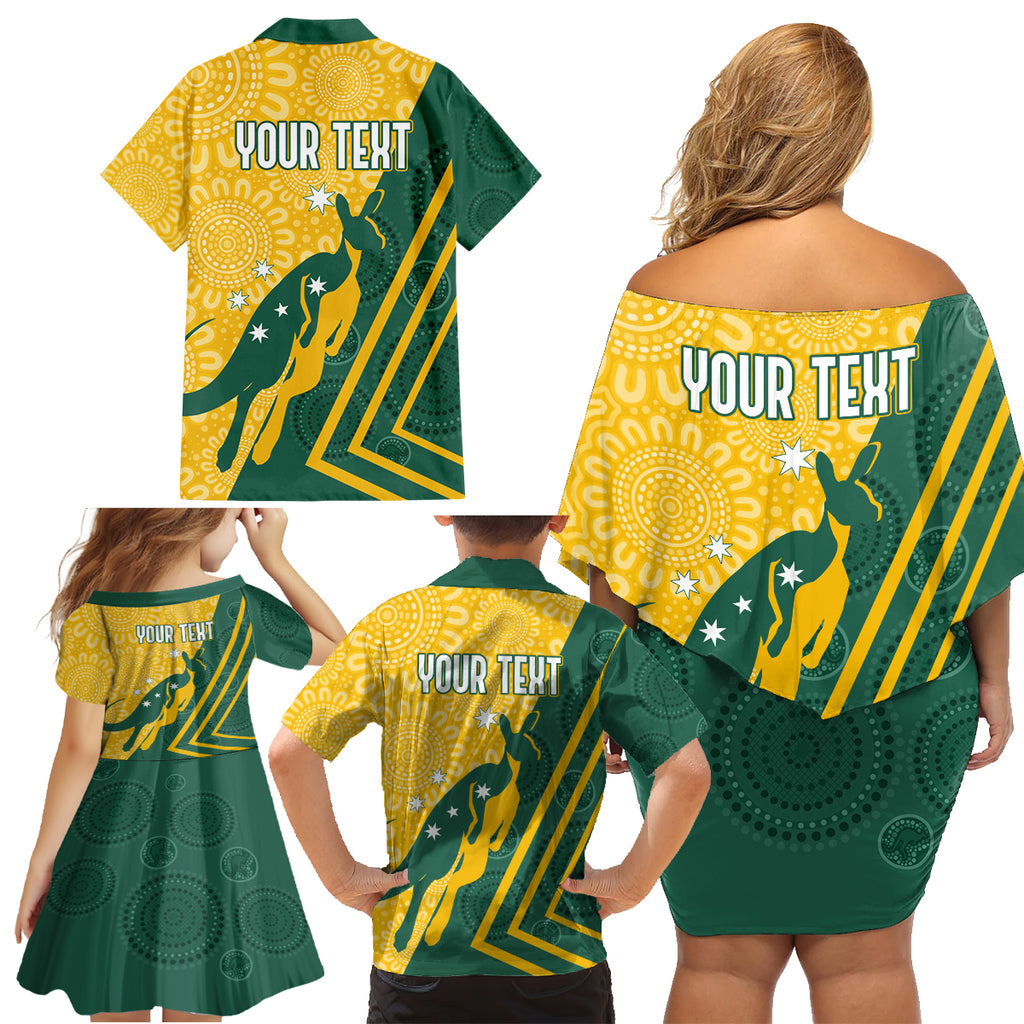 personalised-australia-socceroos-indigenous-family-matching-off-shoulder-short-dress-and-hawaiian-shirt-green-gold