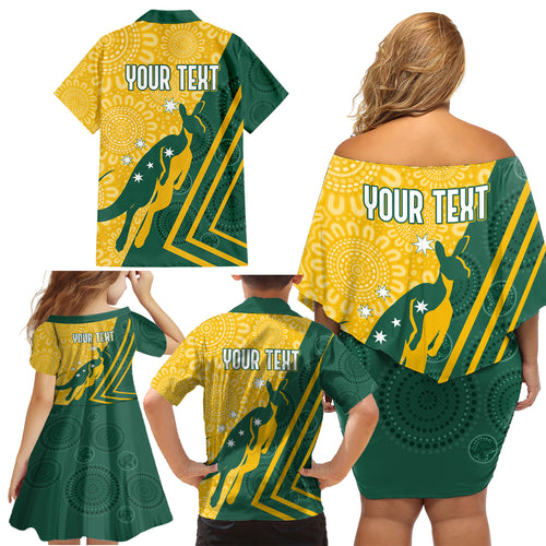 personalised-australia-socceroos-indigenous-family-matching-off-shoulder-short-dress-and-hawaiian-shirt-green-gold