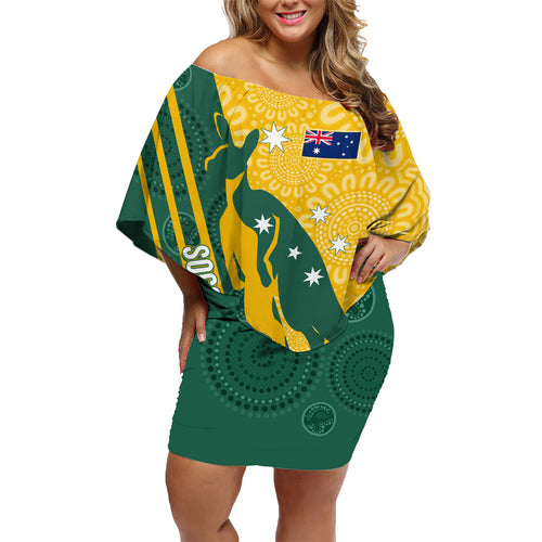 personalised-australia-socceroos-indigenous-family-matching-off-shoulder-short-dress-and-hawaiian-shirt-green-gold