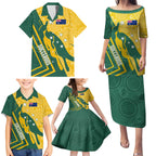 personalised-australia-socceroos-indigenous-family-matching-puletasi-dress-and-hawaiian-shirt-green-gold