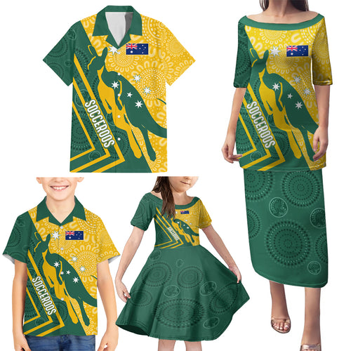 personalised-australia-socceroos-indigenous-family-matching-puletasi-dress-and-hawaiian-shirt-green-gold