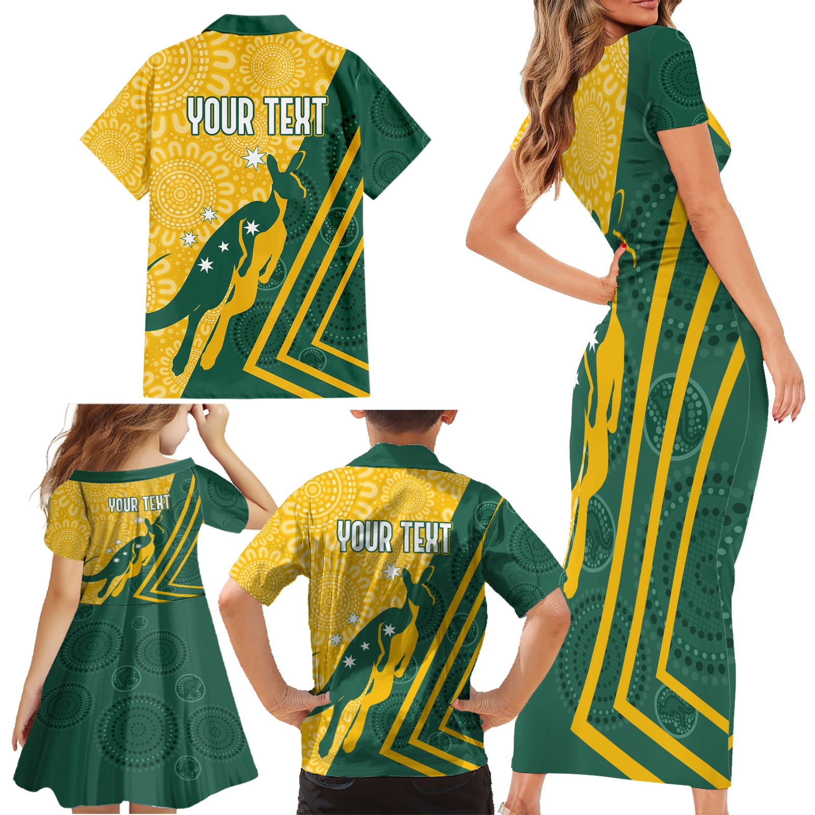 personalised-australia-socceroos-indigenous-family-matching-short-sleeve-bodycon-dress-and-hawaiian-shirt-green-gold