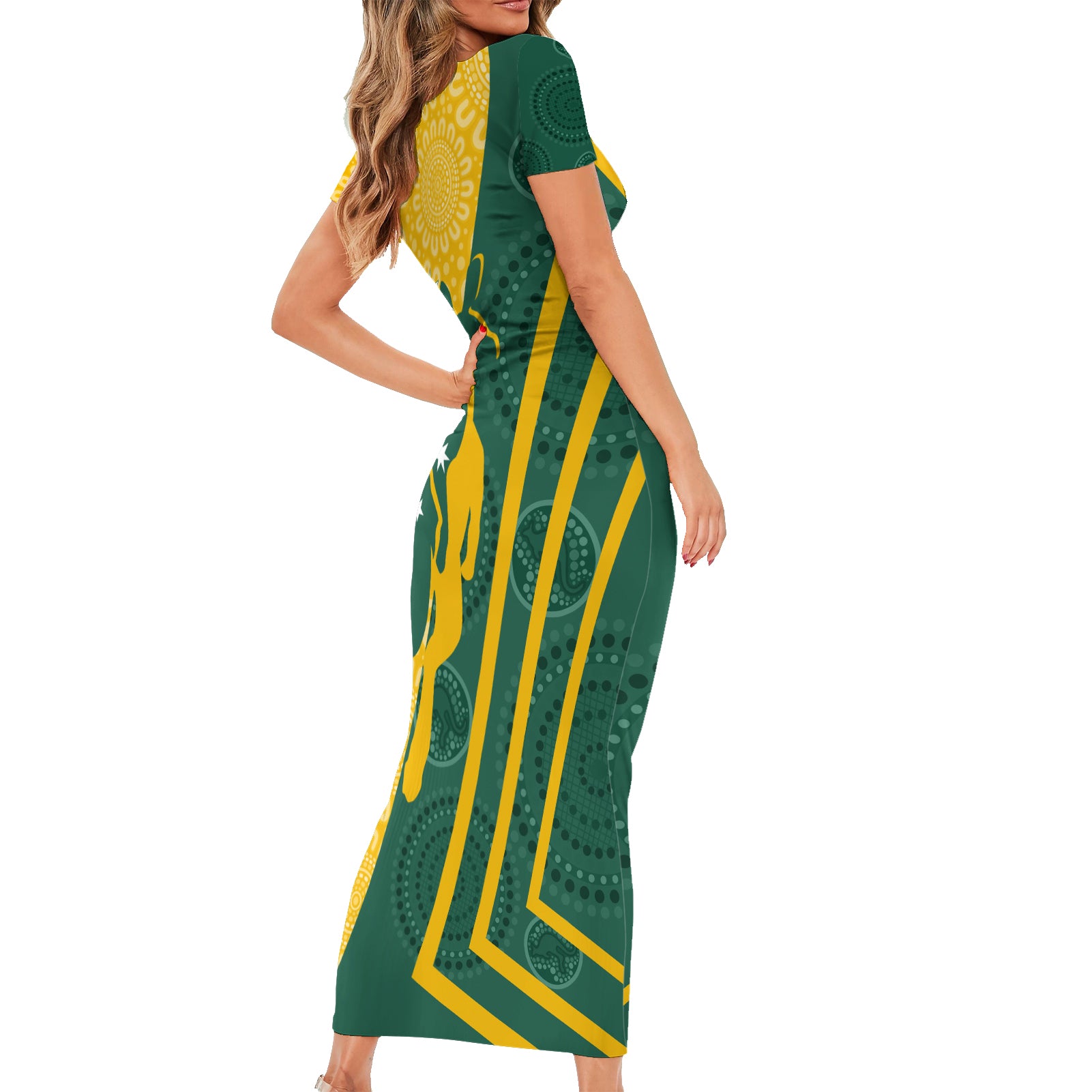 personalised-australia-socceroos-indigenous-family-matching-short-sleeve-bodycon-dress-and-hawaiian-shirt-green-gold