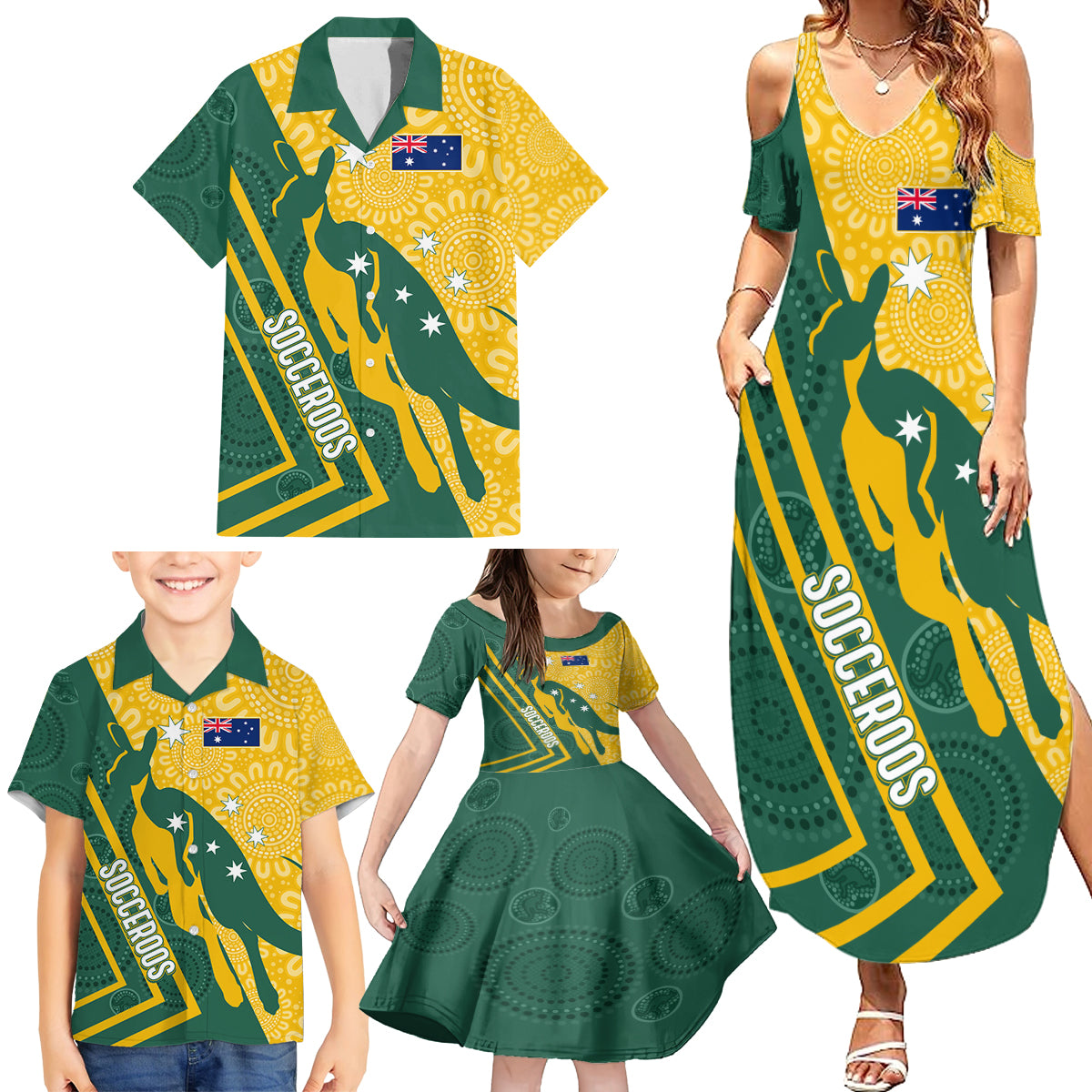 personalised-australia-socceroos-indigenous-family-matching-summer-maxi-dress-and-hawaiian-shirt-green-gold