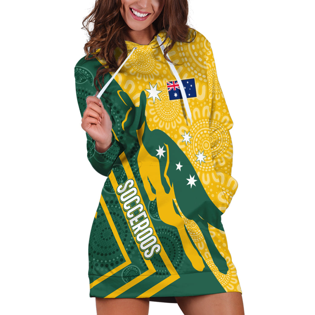 personalised-australia-socceroos-indigenous-hoodie-dress-green-gold