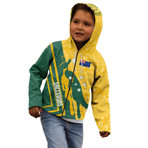 personalised-australia-socceroos-indigenous-kid-hoodie-green-gold