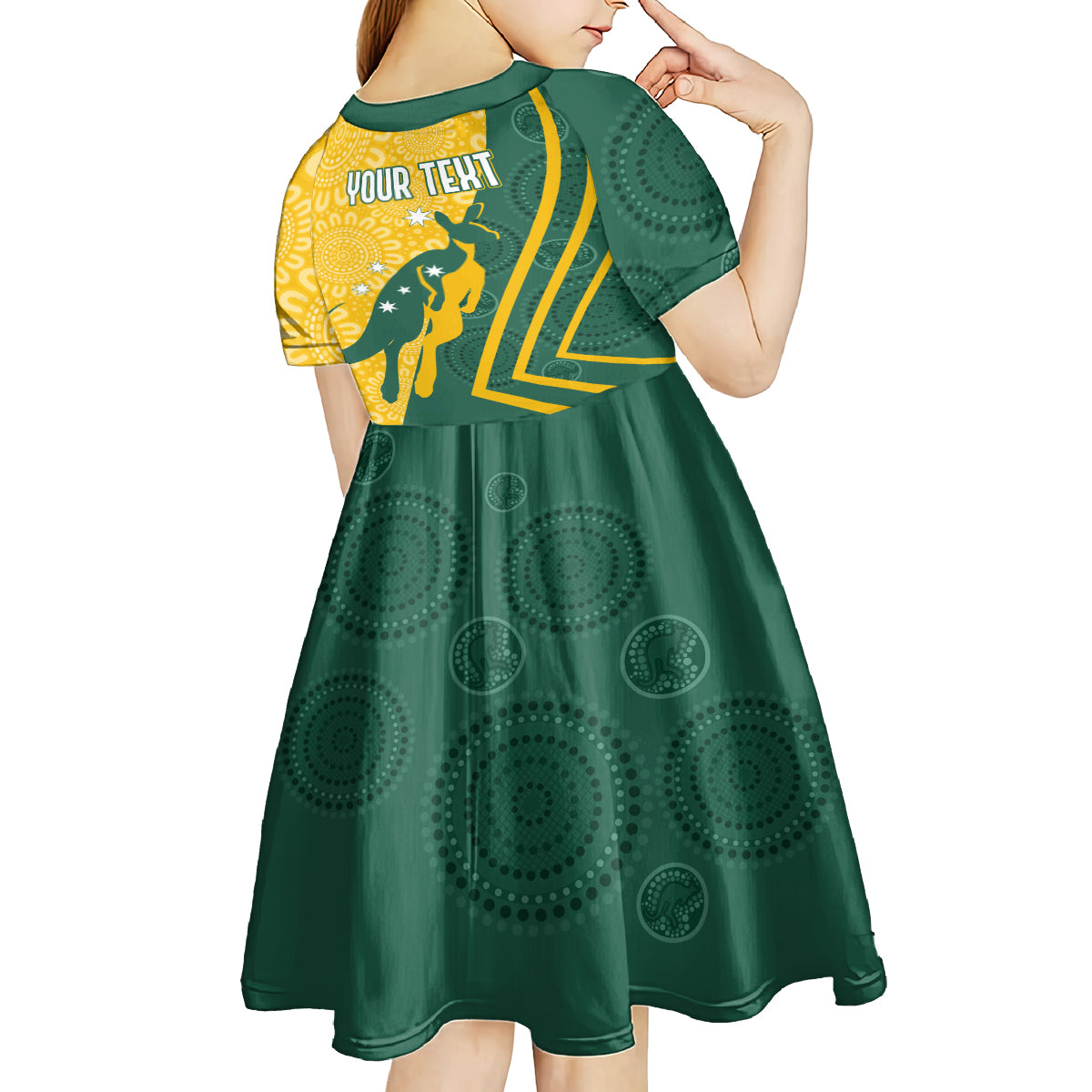 personalised-australia-socceroos-indigenous-kid-short-sleeve-dress-green-gold
